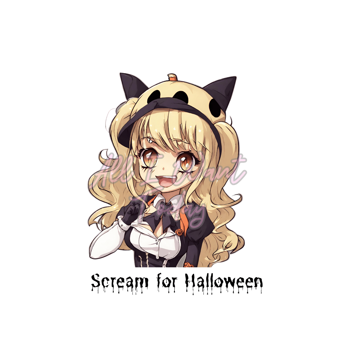 An anime girl wearing a cat hat and bow, in a Halloween chibi scream style. #halloweenchibi