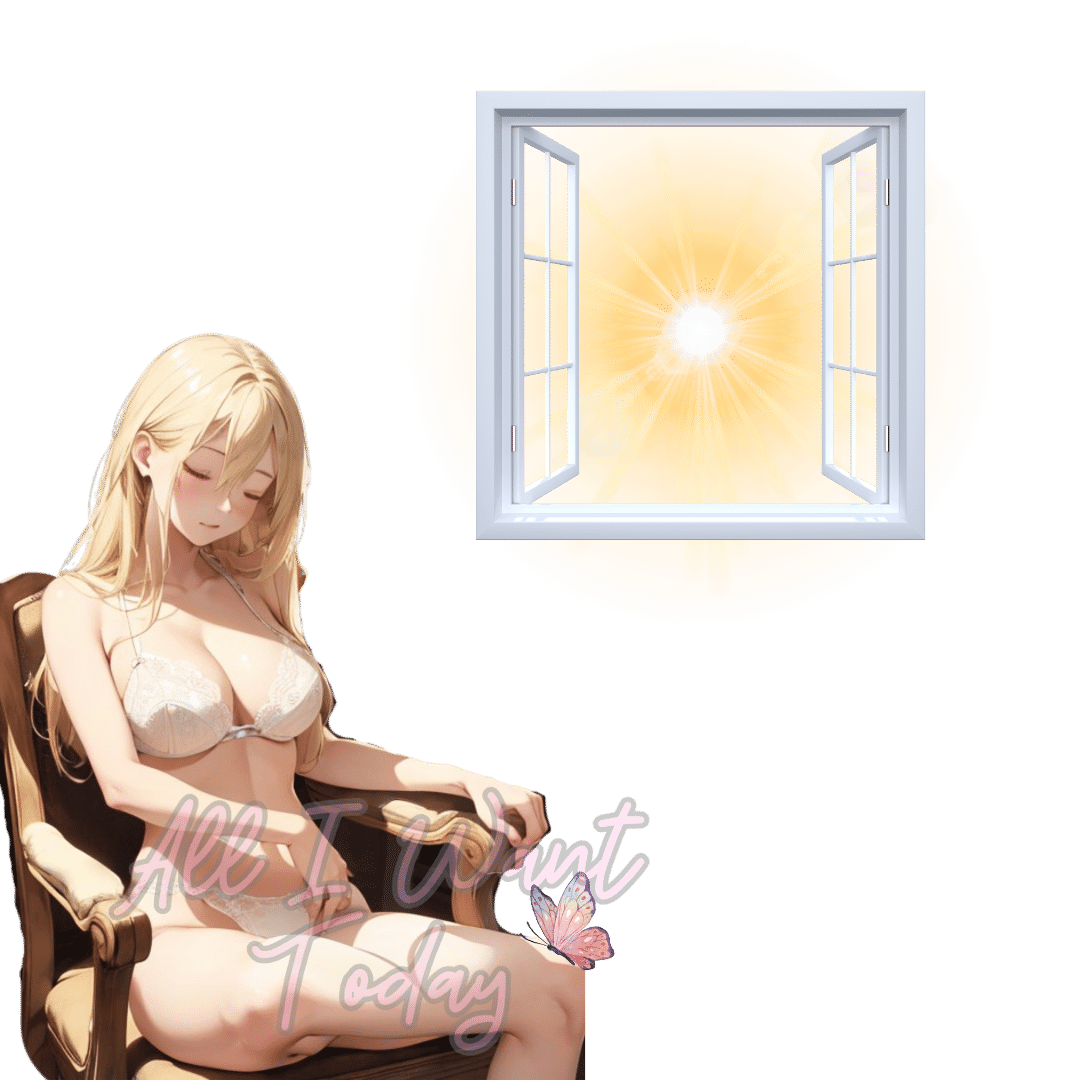 Blonde Waifu enjoying the sunlight while sitting in a chair by the window.