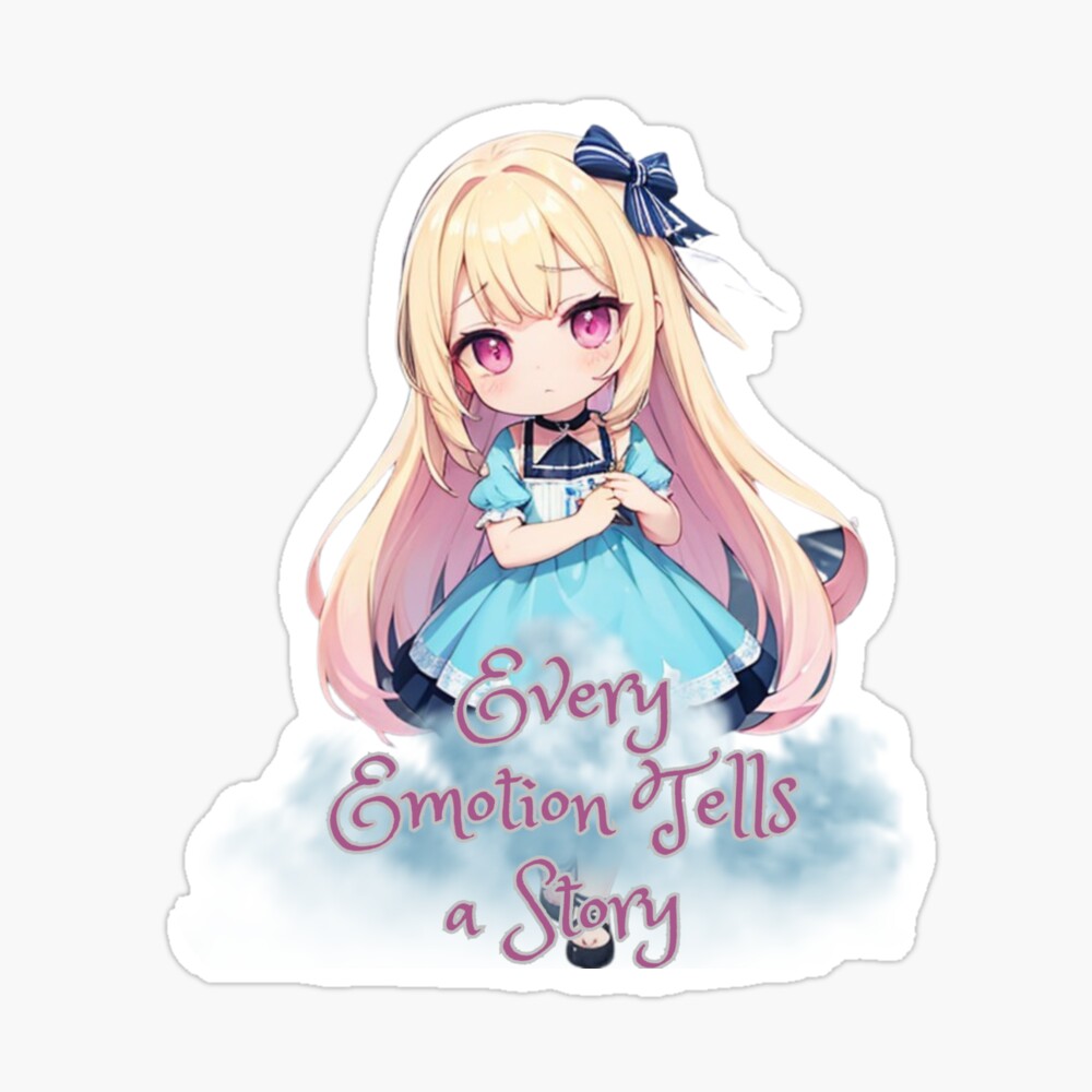 A sad chibi glossy sticker conveying a story through every emotion